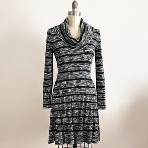 CALVIN KLEIN Black White Knit Sweater Dress Cowl Neck Cabincore Rustic